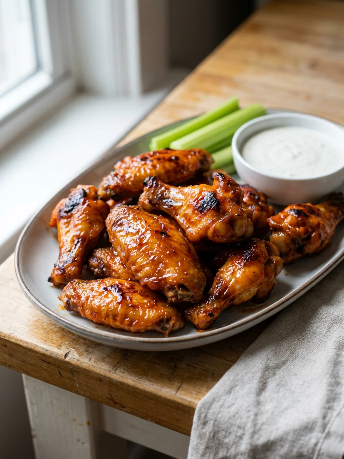 A close-up of a platter of glossy red slow cooker Buffalo chicken wings.