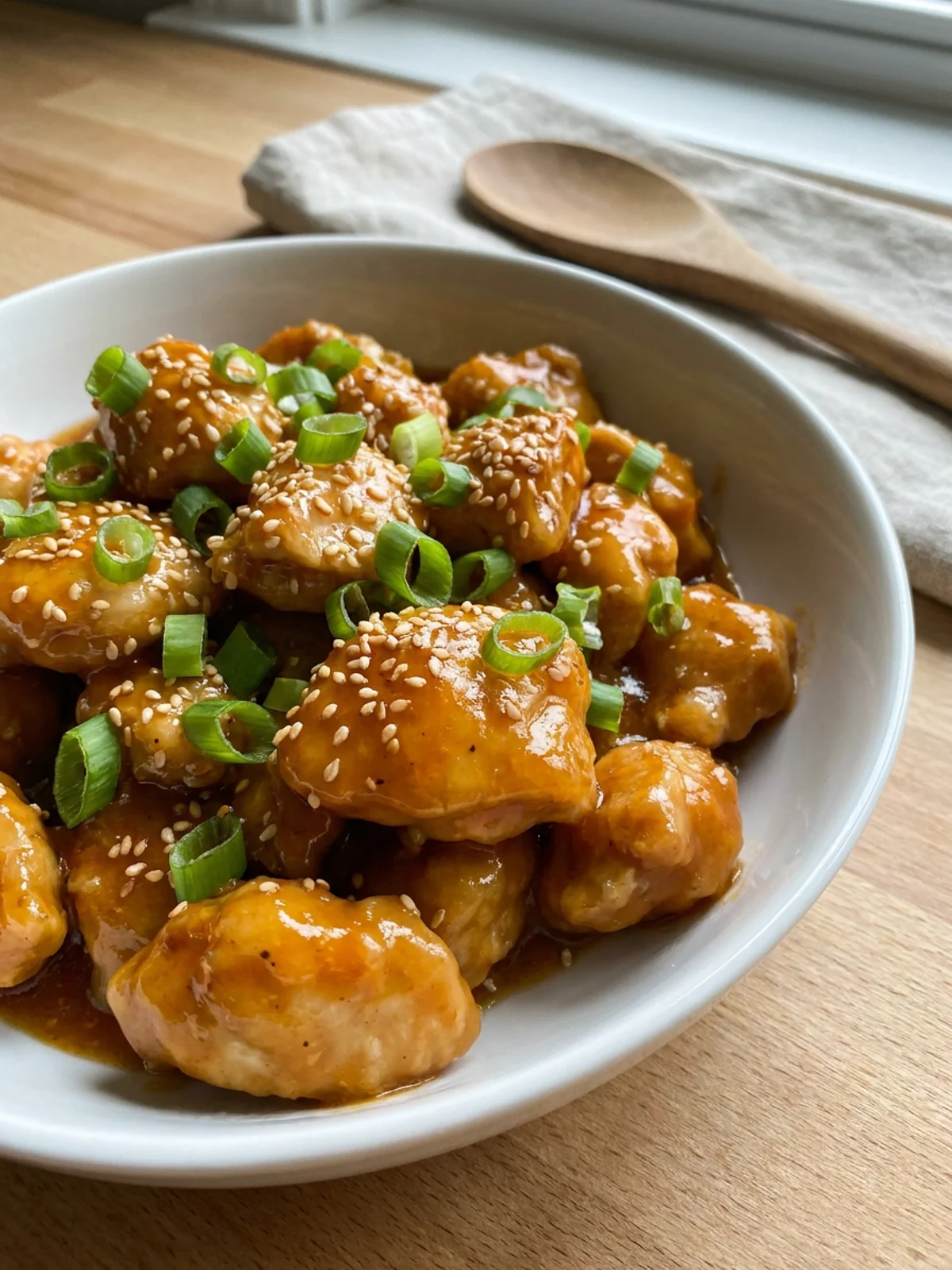 Slow cooker orange chicken served over white rice in a rustic ceramic bowl.