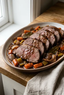 Close-up of sliced slow cooker roast beef and vegetables on a white plate.