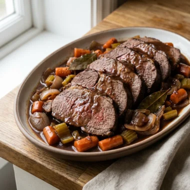 Close-up of sliced slow cooker roast beef and vegetables on a white plate.