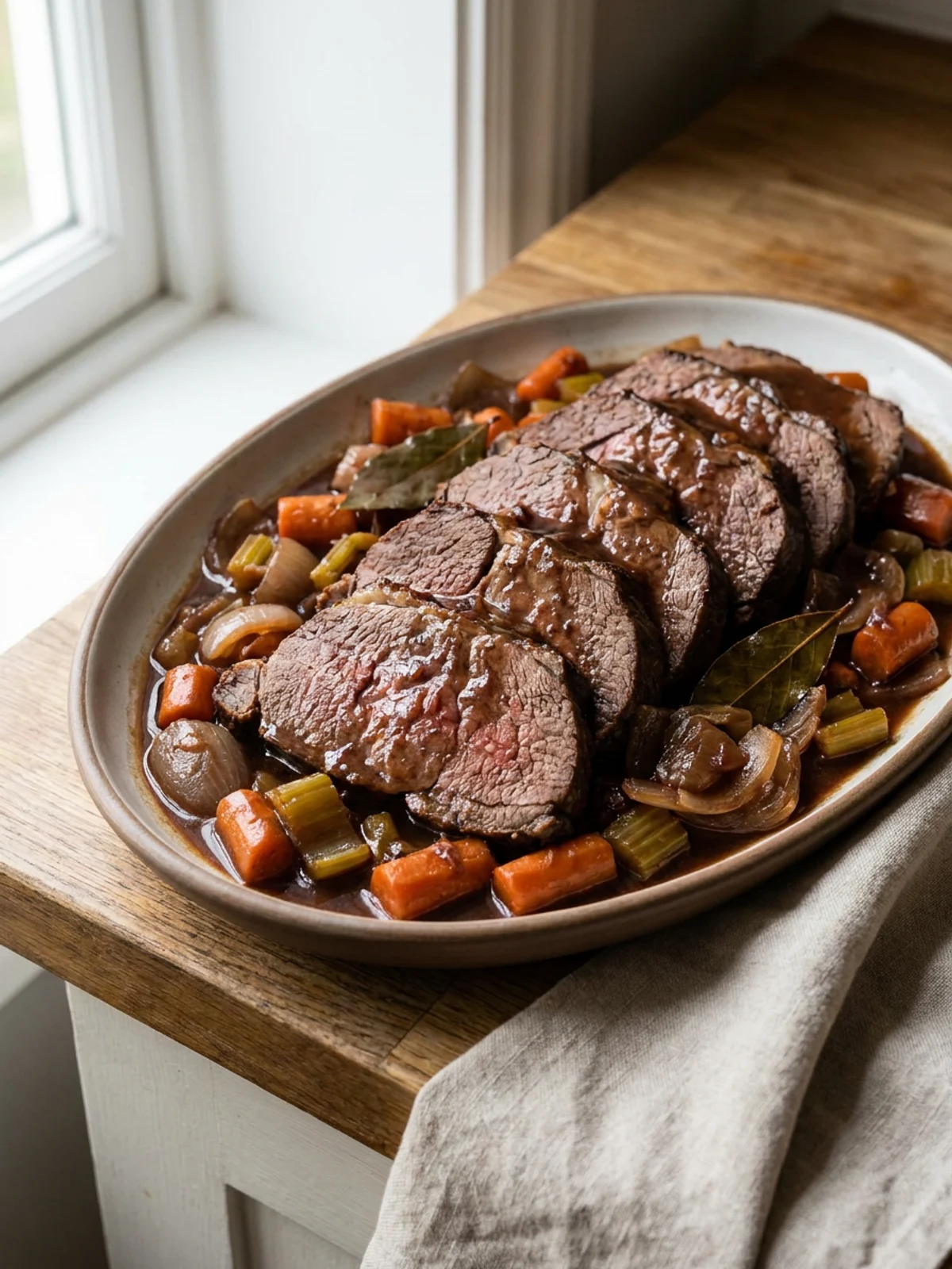 Close-up of sliced slow cooker roast beef and vegetables on a white plate.