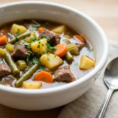 A close-up of a spoonful of hearty veggie beef soup showing meat and vegetables.