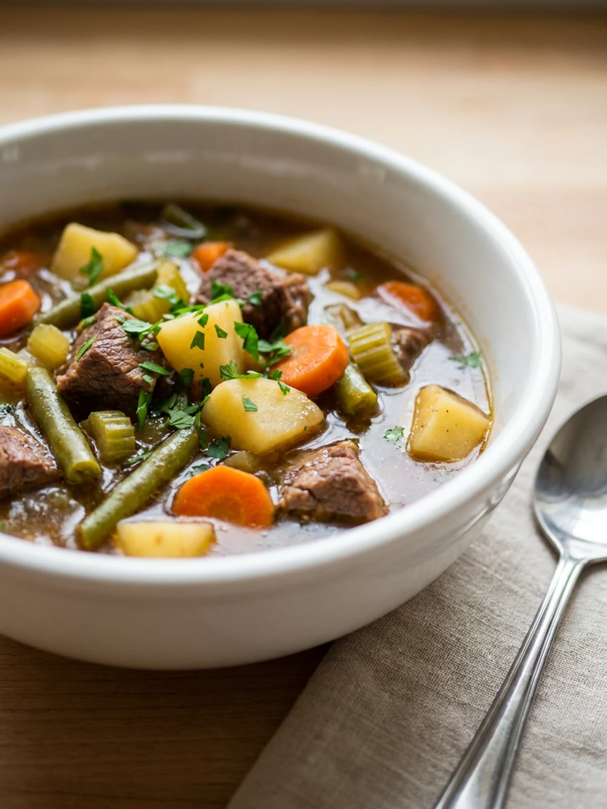 A close-up of a spoonful of hearty veggie beef soup showing meat and vegetables.